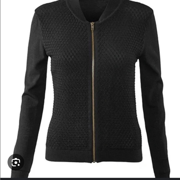 CAbi Black Textured Zippered Bomber Style Sweater Style #201 | Size XL - Picture 2 of 7